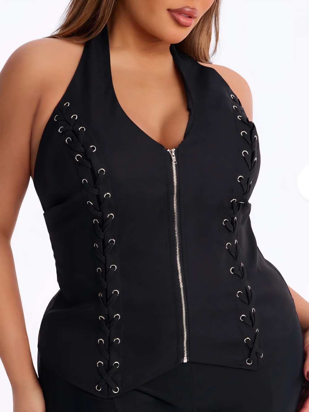 NWOT Black Halter Top Zip Front Lace Up Detail